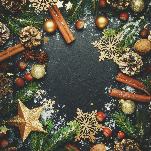 Christmas Or New Year Dark Background, Frame, Template, With Festive  Decorations Stock Photo By 5Ph