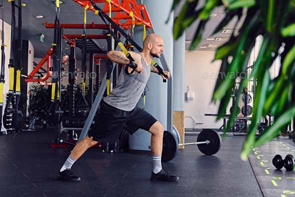 The full body image of athletic bearded tattooed, shaved head male doing trx straps exercises in a gym club.