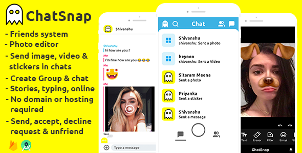 ChatSnap - Snapchat clone social network friend group chat photo editor + android studio + firebase