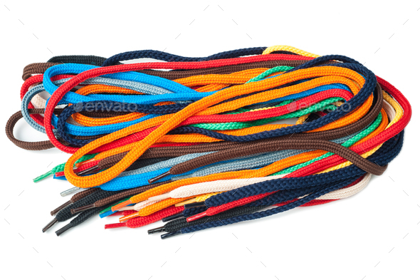 Multicolored shoe laces on white background - Stock Photo - Images