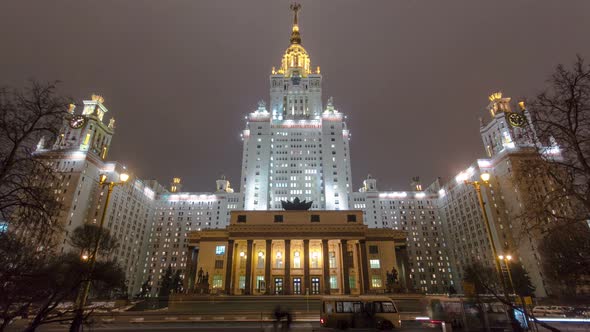 The Main Building Of Moscow State University On Sparrow Hills At Winter Timelapse Hyperlapse at alt