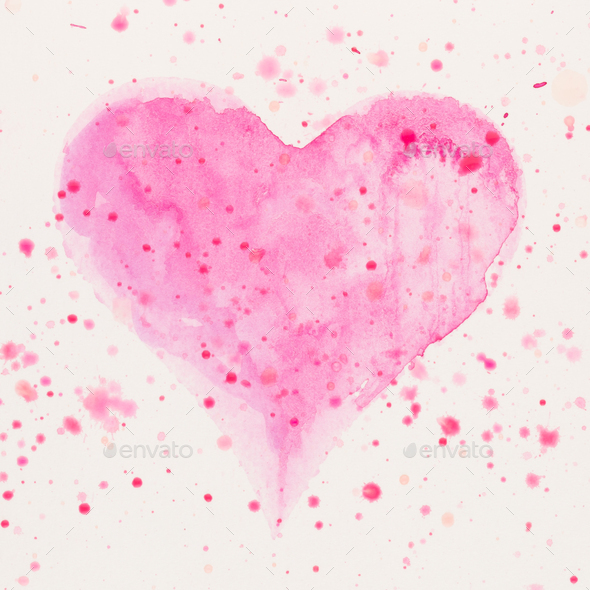 Watercolor painted pink heart, on the white watercolor paper. - Stock Photo - Images