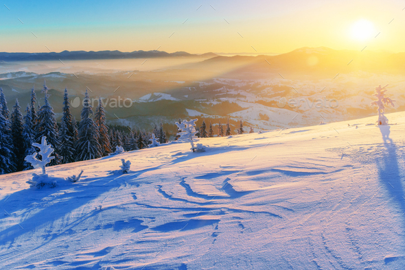 fog in winter mountains. Fantastic sunset - Stock Photo - Images