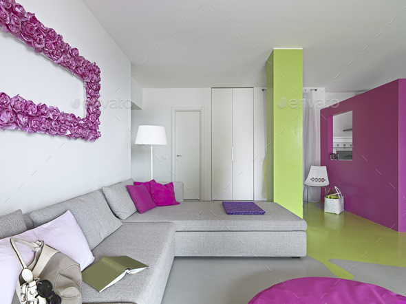 interior of a Modern Living Room with Colored Walls - Stock Photo - Images