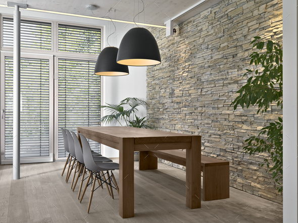 Interiors of a Modern Living Room with Dining Table - Stock Photo - Images