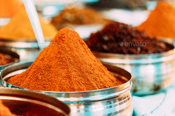 Close View Of Masala Curry, Bright Colors Fragrant Seasoning, Condiment In Tray On Local Food Market - Stock Photo - Images