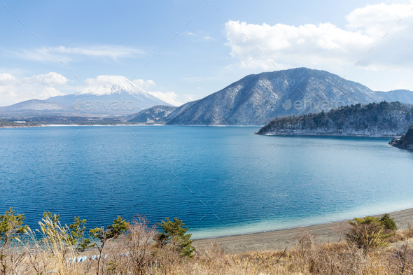 Fujisan and Lake Motosu - Stock Photo - Images