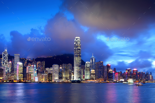 Hong Kong skyline at night - Stock Photo - Images
