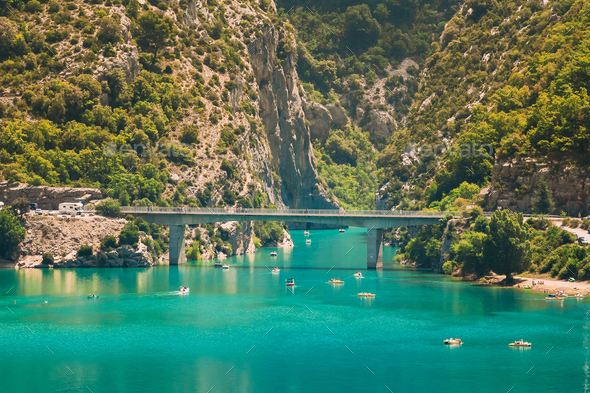 Verdon Gorge, Lake of Sainte-Croix, France. Bridge over the Lake of Sainte-Croix in south-eastern France. Provence-Alpes-Cote d’Azur. Verdon Gorge