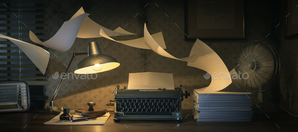 Vintage writer's desktop with flying sheets - Stock Photo - Images