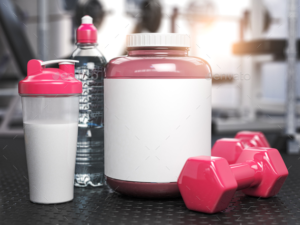 Download Pink Whey Protein Can With Pink Dumbbell Sand Shaker On The Floor Of Gym Mock Up Stock Photo By Maxxyustas