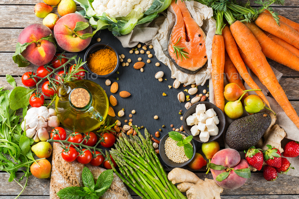Healthy food for balanced flexitarian mediterranean diet concept - Stock Photo - Images
