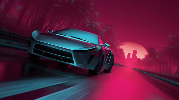 Synthwave style sport car driving towards the city High speed automotive concept