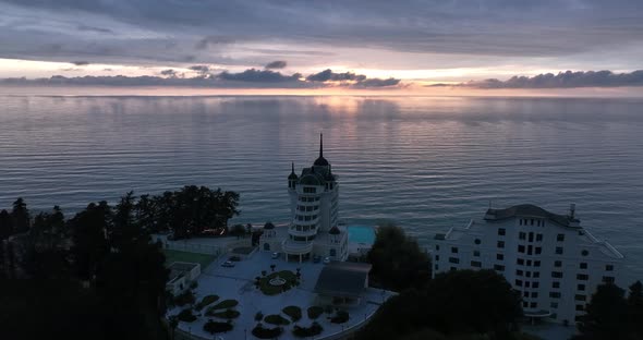 Tsikhisdziri, Georgia - May 8 2022: Aerial view of Castello Mare Hotel alt