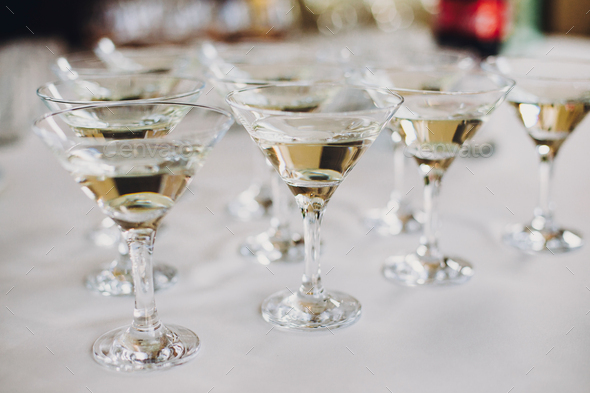 Martini row on table party at wedding reception