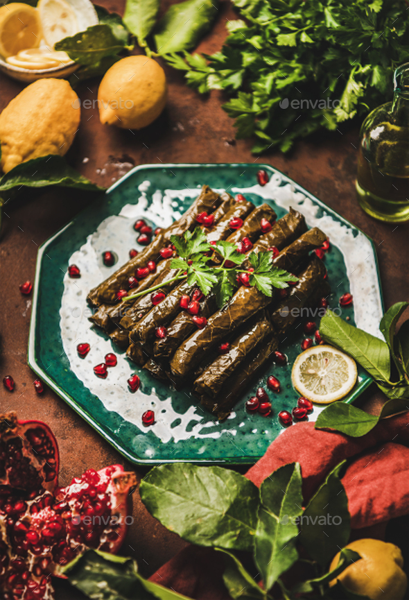 Turkish meze Sarma wine leaves with rice and spices - Stock Photo - Images