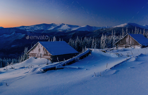 Fantastic winter landscape. Magical sunset in a frosty day. In anticipation of the holiday. Dramatic wintry scene. Carpathian, Ukraine, Europe.