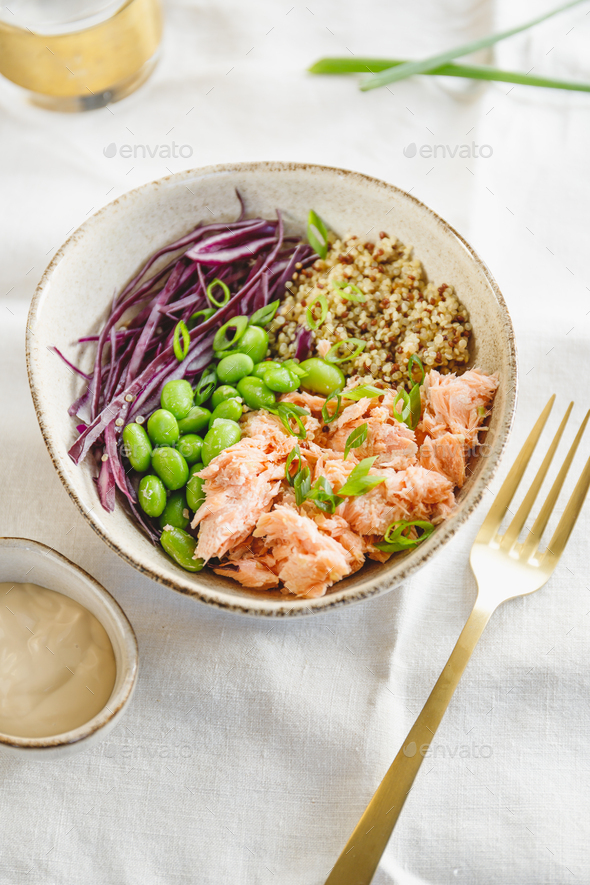 Download Poke Bowl With Couscous Baked Salmon Bean And Cabbage Stock Photo By Edalin