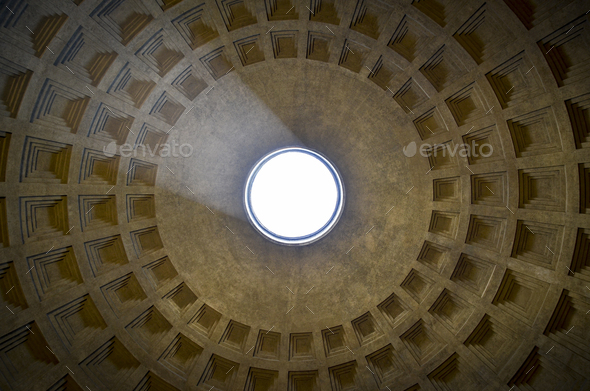Interior view of Pantheon, Rome, Italy. View of dome from directly below.