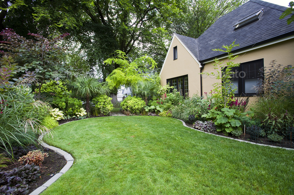 House and Landscaped Yard - Stock Photo - Images