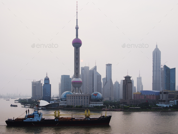 Traffic on Huang Pu River at Sunrise - Stock Photo - Images