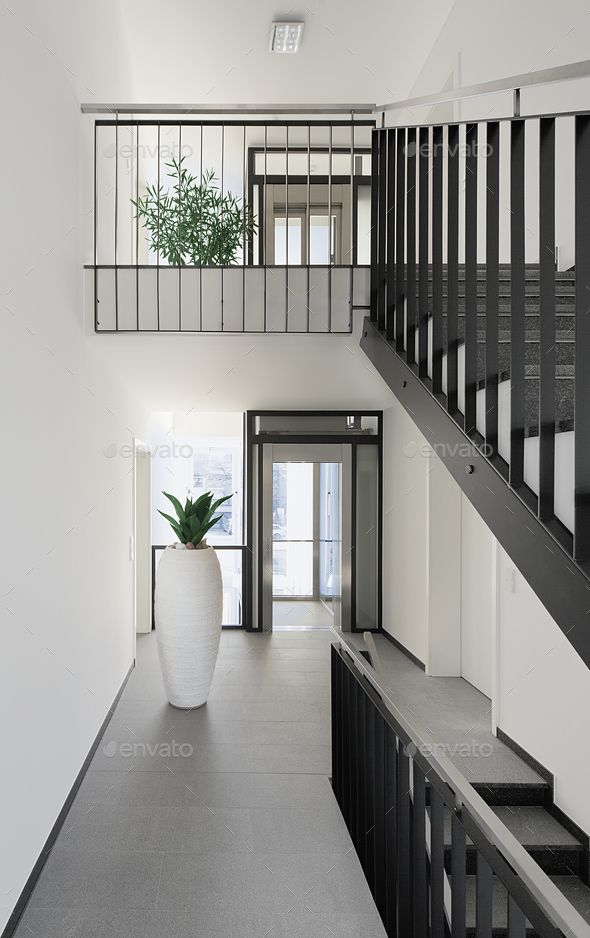 Staircase and hallway in modern house - Stock Photo - Images