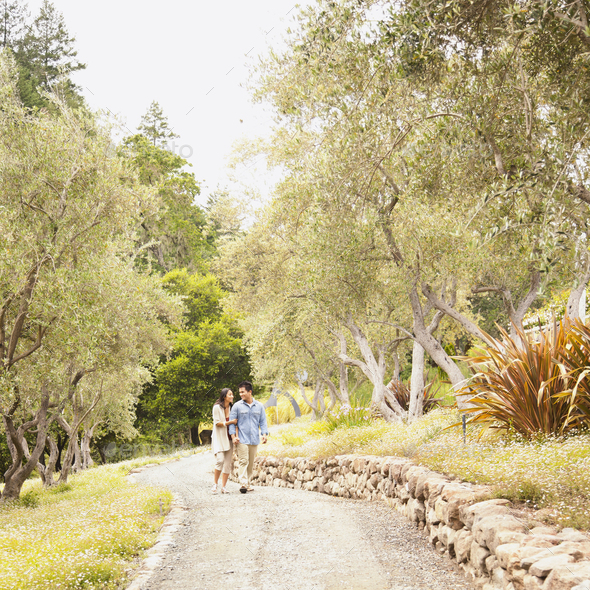 Wide shot of Chinese couple holding hands walking on path in wine country California - Stock Photo - Images