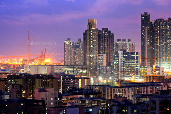 Hong Kong with crowded buildings at night - Stock Photo - Images