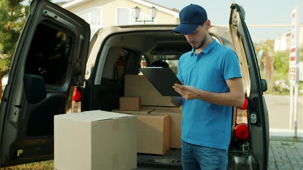 Commercial Deliveryman Working with Papers Looking at Boxes in Van Delivering Eshop Orders alt