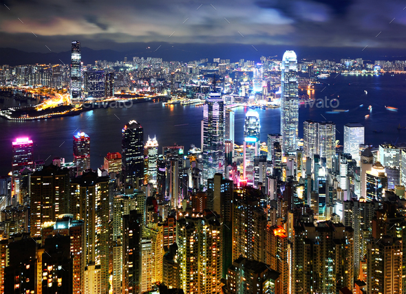 Hong Kong at night view from peak - Stock Photo - Images