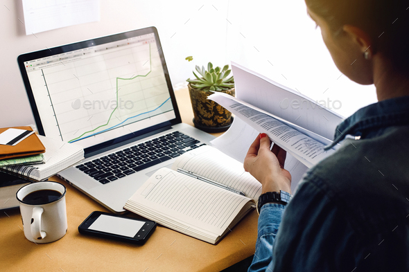 stylish young hipster girl working economist financial analytics - Stock Photo - Images