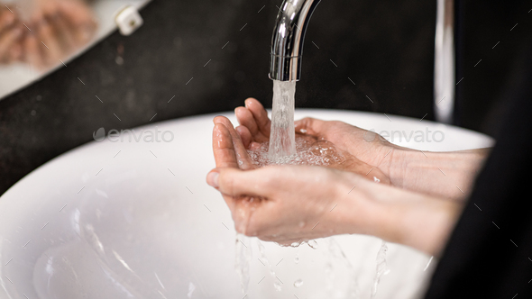 Unrecognizable Lady Washing Hands In Bathroom, Panorama, Closeup