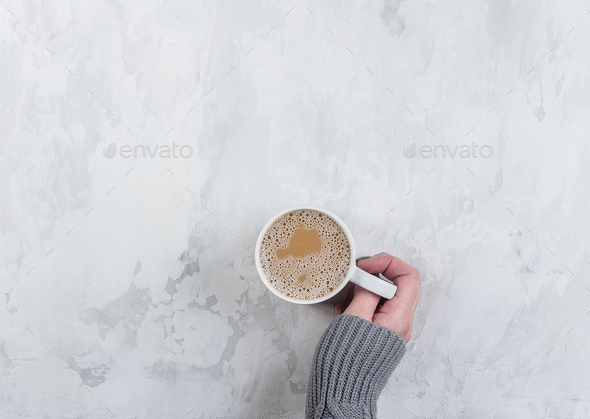 Female Hands Holding Cups Of Coffee On White Marble Table Background Copy Space Topview Flat Lay Stock Photo By Anikona