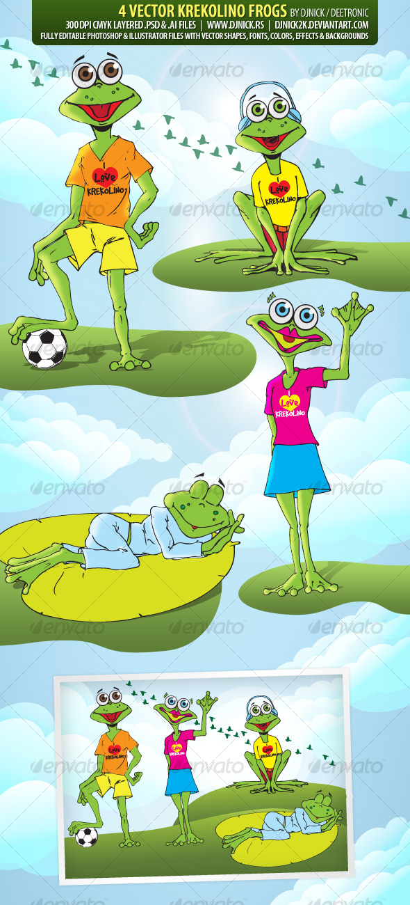 Krekolinci - 4 editable vector frogs in AI and PSD - Animals Characters