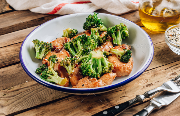 Chicken breasts and broccoli in soy sauce - Stock Photo - Images
