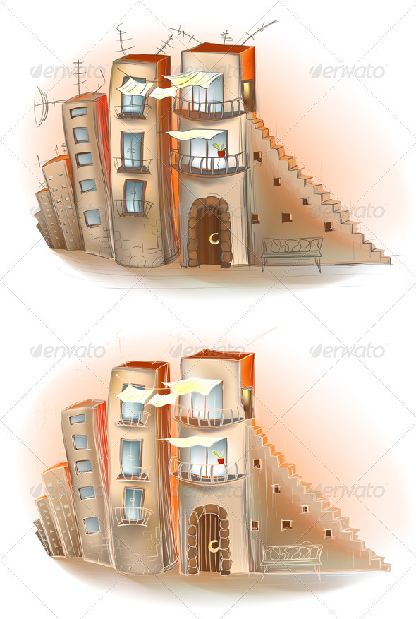 Cartoon Sketchy Street in the Evening - Buildings Objects