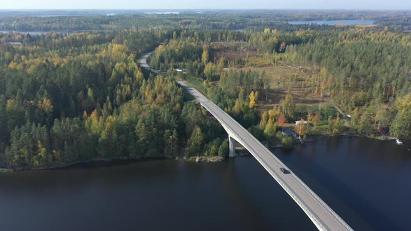 The View of the Bridge with the Cars Passing By in Lake Saimaa in Finland
