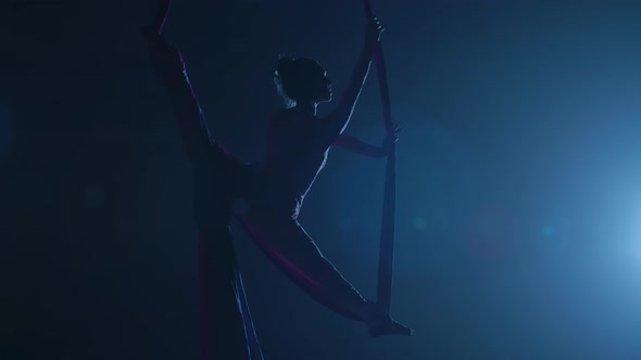 Silhouette of Graceful Aerial Gymnast Performing Acrobatic Stunts and Stretching on Aerial Silk alt