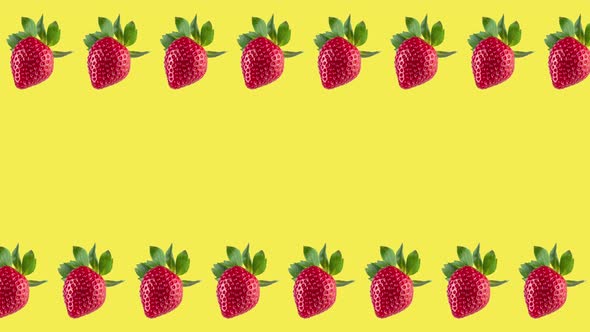 frame made with many fresh red strawberries rotating close-up on a yellow background alt