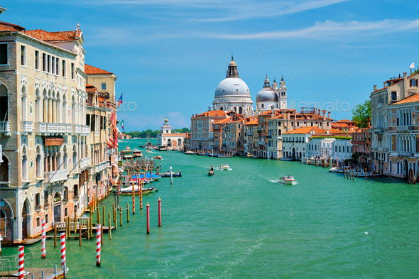 View of Venice Grand Canal and Santa Maria della Salute church on sunset - Stock Photo - Images