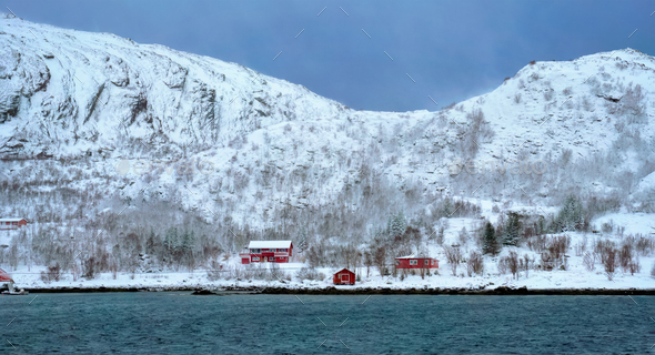 Red rorbu houses in Norway in winter - Stock Photo - Images