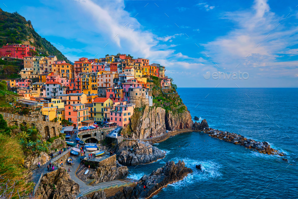 Manarola village on sunset, Cinque Terre, Liguria, Italy - Stock Photo - Images