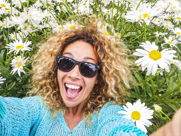 Happy cheerful and beautiful adult caucasian woman enjoy - Stock Photo - Images