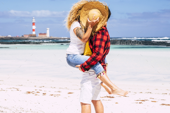 Couple kissing with love - concept of summer holiday vacation - Stock Photo - Images