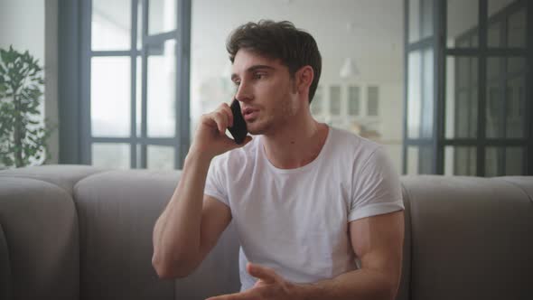 Serious Businessman Talking Mobile Phone at Home. Young Couple Hugging on Sofa. alt