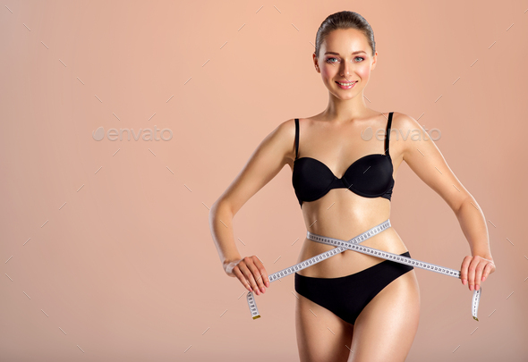 Woman Measuring Her Waistline Perfect Slim Body Stock Photo