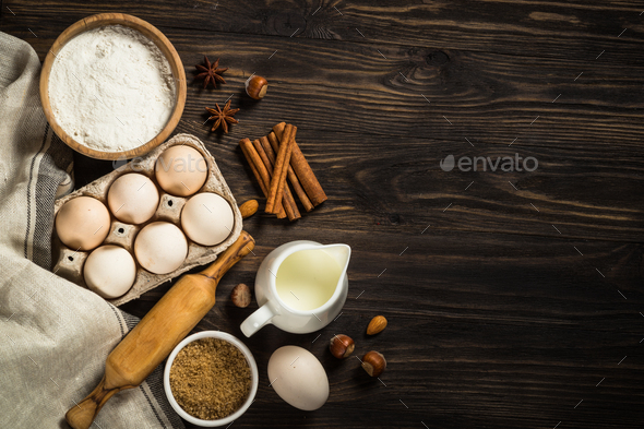 Baking ingredients on kitchen counter Stock Photo - Alamy