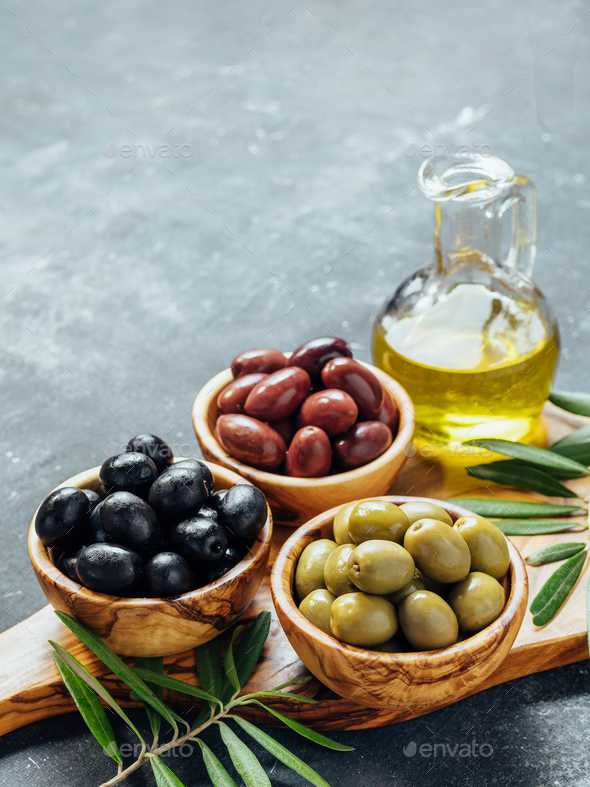 Set Of Different Types Olives And Olive Oil Stock Photo By Fasci ...