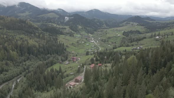 Ukraine, Carpathian Mountains: Beautiful Mountain Forest Landscape. Aerial, Flat, Gray alt