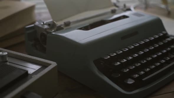 Vintage desk with record player and typewriter